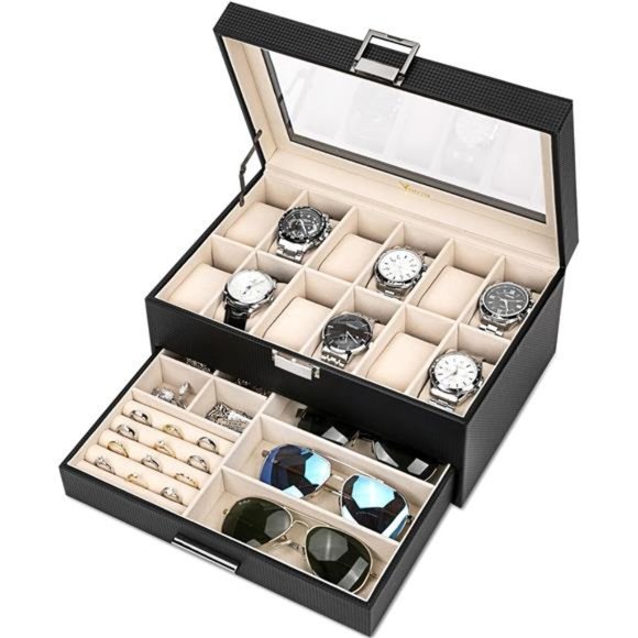 Jewelry Box for Men Women, 2 Layer Large 12 Slot PU Leather Watch Storage, Black - Picture 1 of 6